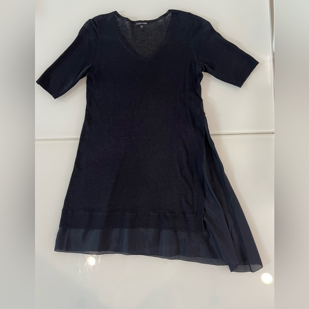 Eileen Fisher Black Linen Silk Asymmetric Long V-neck Dress. Size XS